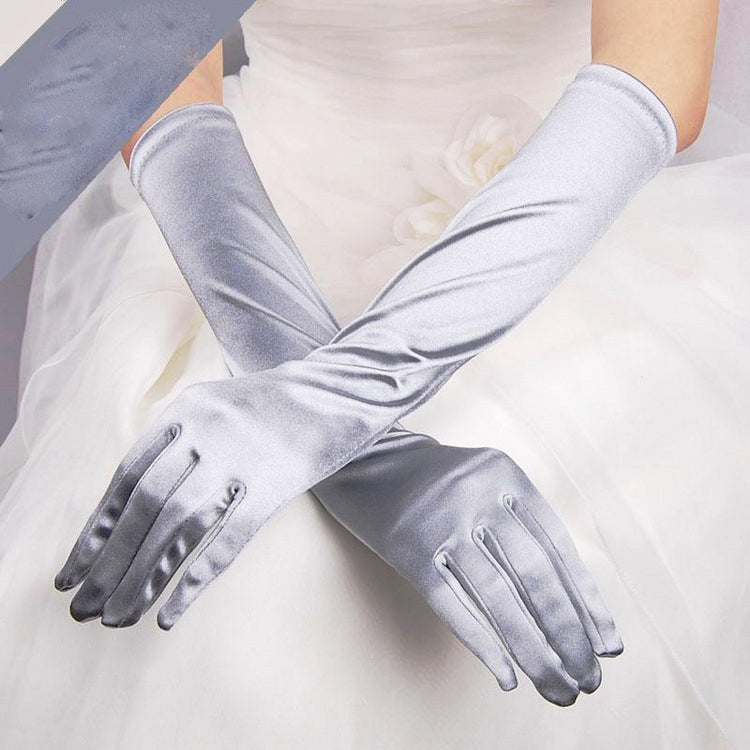 Light gray satin long gloves with gathered wrist and five-finger design