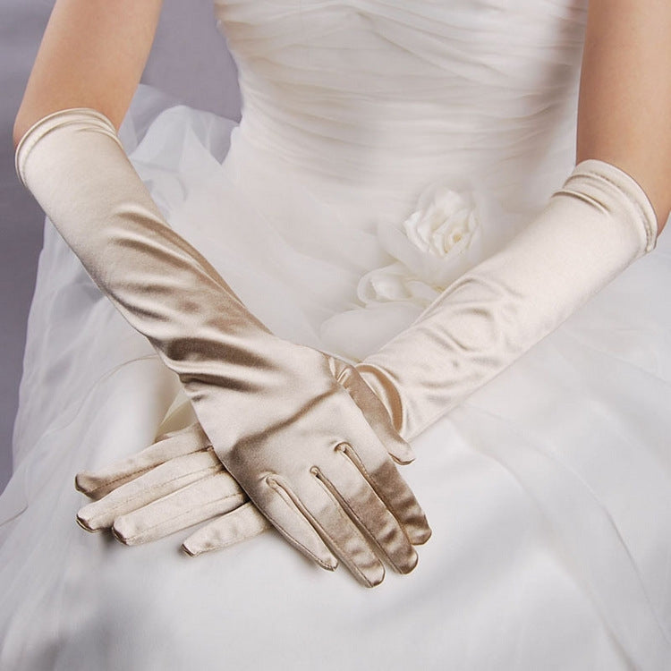 Beige satin long gloves with gathered wrist and five-finger design
