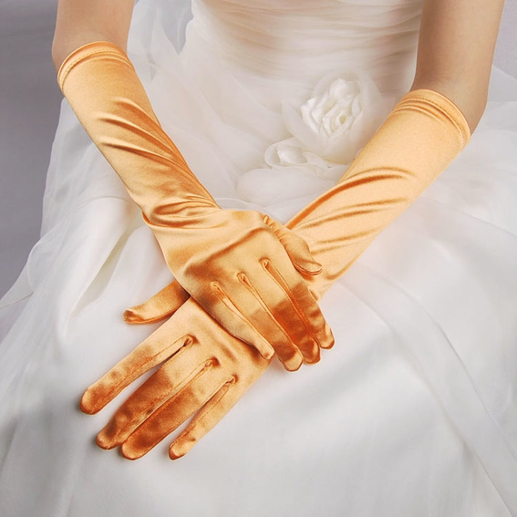 Gold satin long gloves with gathered wrist and five-finger design