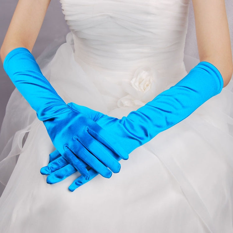 Bright blue satin long gloves with gathered wrist and five-finger design