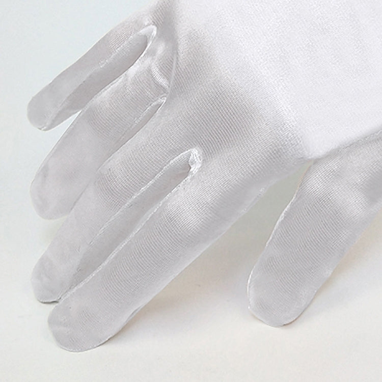 Pair of long white satin gloves, smooth texture with five-finger design