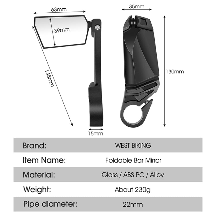 Foldable bicycle bar mirror with rectangular glass lens, black frame shown with size diagram