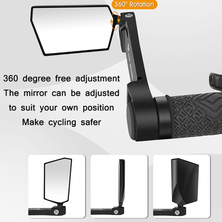 Foldable bicycle rear-view mirror with 360° rotation mount and rectangular lens, black