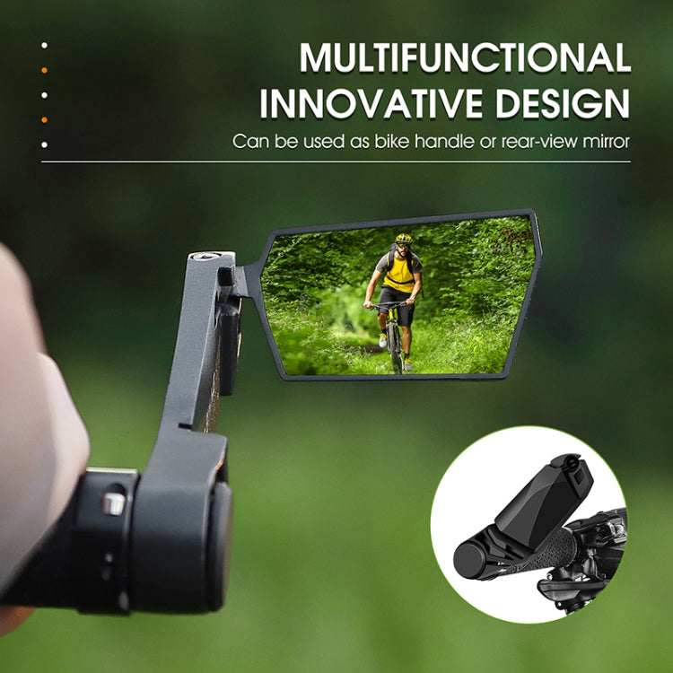 Bicycle handlebar rear-view mirror with rider reflection in rectangular glass, black mount