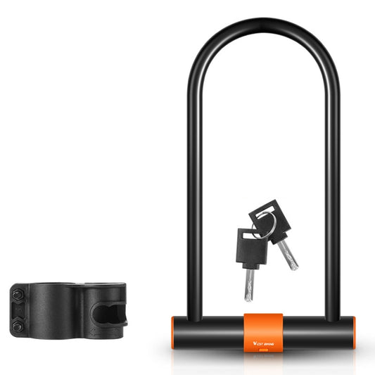 Bicycle U-lock with orange base accents and two metal keys on a key ring