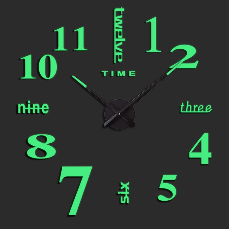 DIY digital wall clock with black hands and glowing green number decals