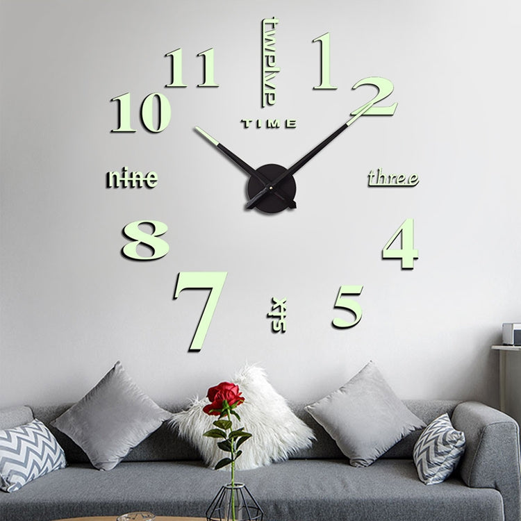 DIY digital wall clock with black hands and glowing green number decals