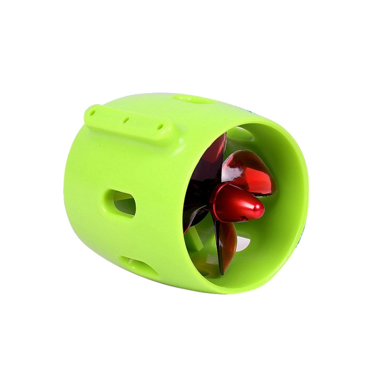 Green waterproof propeller motor with red multi-blade fan and wiring leads