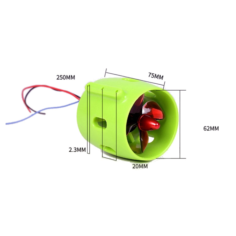 Green waterproof propeller motor with red multi-blade propeller and cable