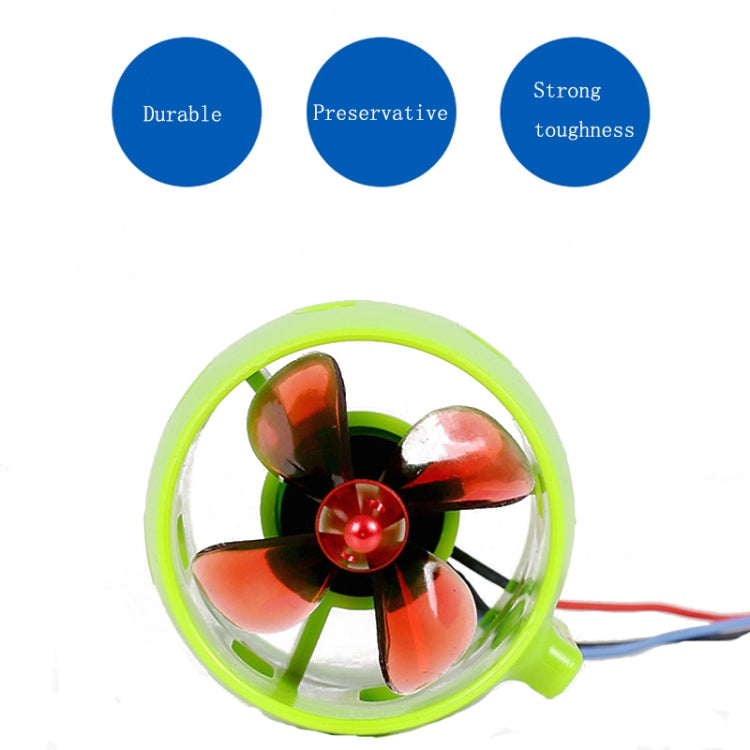 Green waterproof propeller motor with clear guard and red multi-blade fan