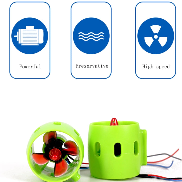 Green waterproof propeller motor housing with red fan and attached red/black wires