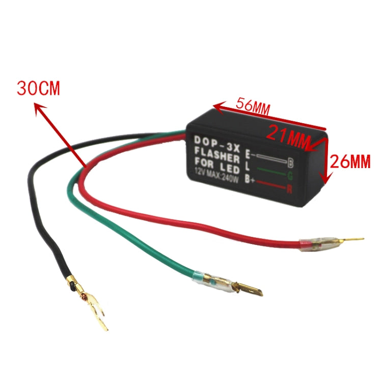 LED flasher relay module with colored wires and visible size markings