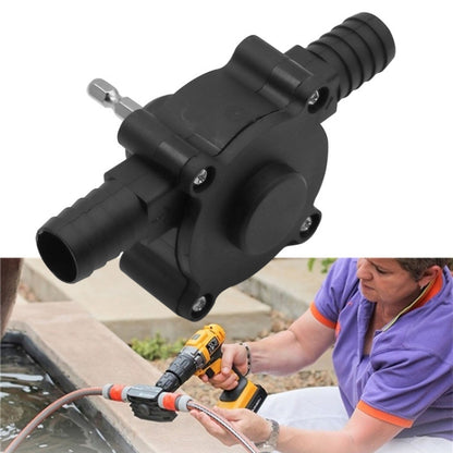 Black plastic drill-powered water pump adapter with hose fittings and metal connector