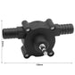 Black drill pump adapter with inlet connector and visible size dimensions