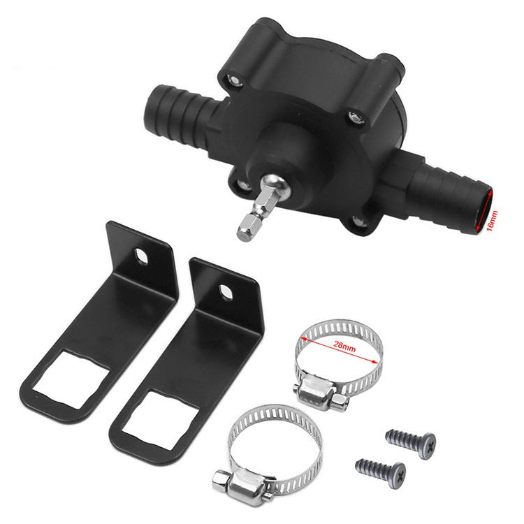 Black water pump adapter with mounting brackets, hose clamps, and screws