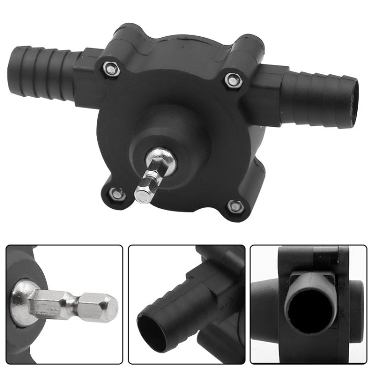 Black drill-powered water pump adapter front view with metal drive connector