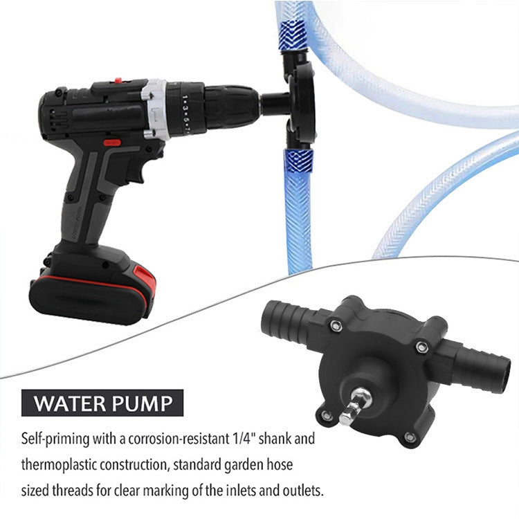 Black drill pump adapter with hose ports and connector for power tool