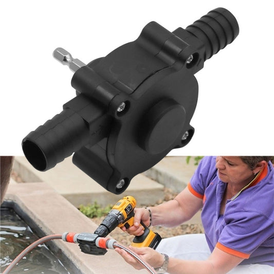 Black plastic drill-powered water pump adapter with hose fittings and metal connector