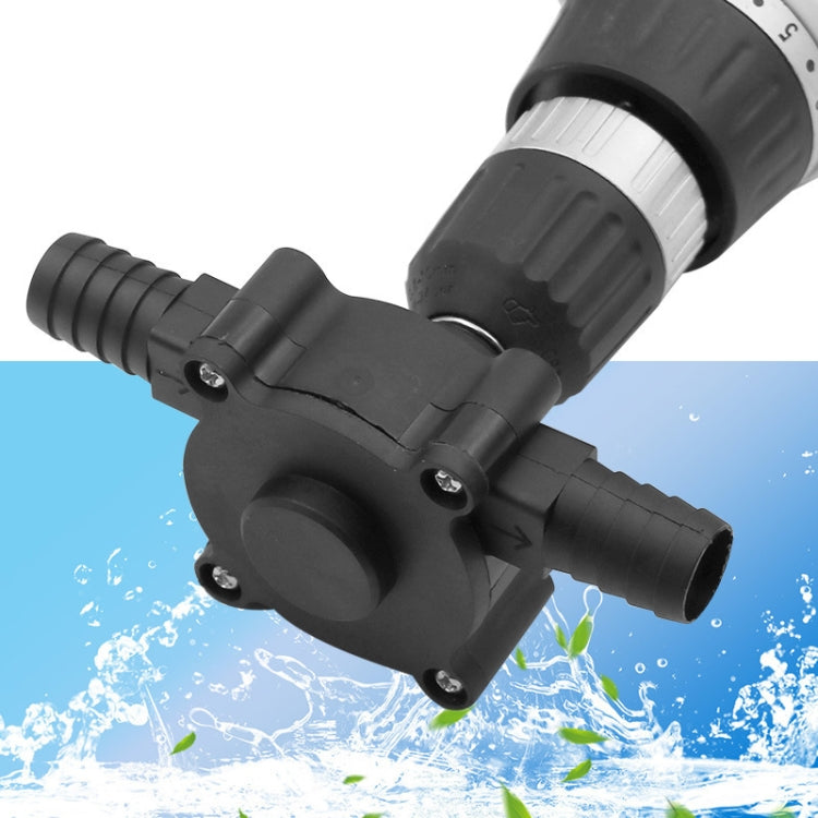 Black drill-powered water pump adapter spraying water from the hose outlet