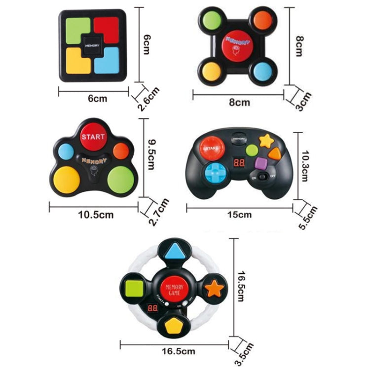 Memory game toy controllers and cube shown with size measurements and colorful buttons