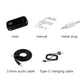 Black wireless audio receiver with 3.5mm audio cable, Type-C cable, and metal plug