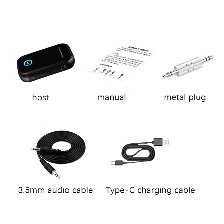 Black wireless audio receiver with 3.5mm audio cable, Type-C cable, and metal plug