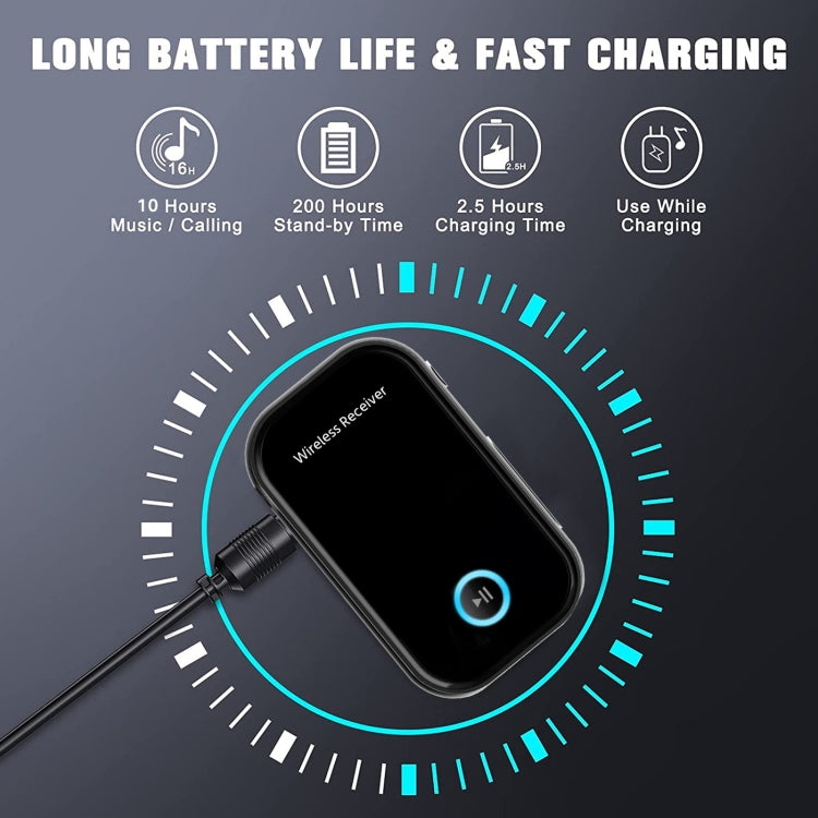 Black wireless audio receiver with 3.5mm audio cable and blue pause-style button
