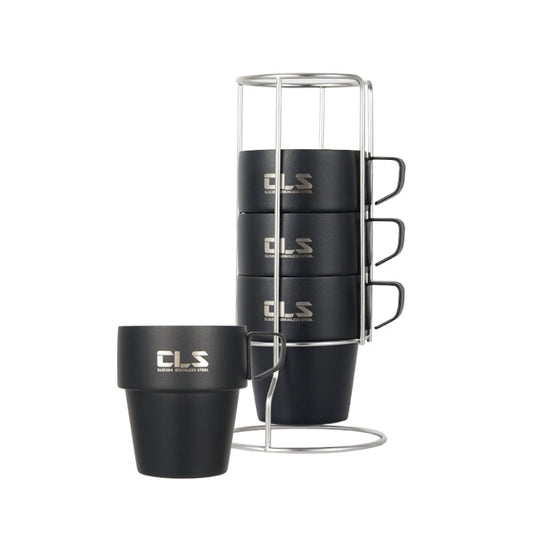 4-piece black stainless camping cup set with metal stand and carry handles