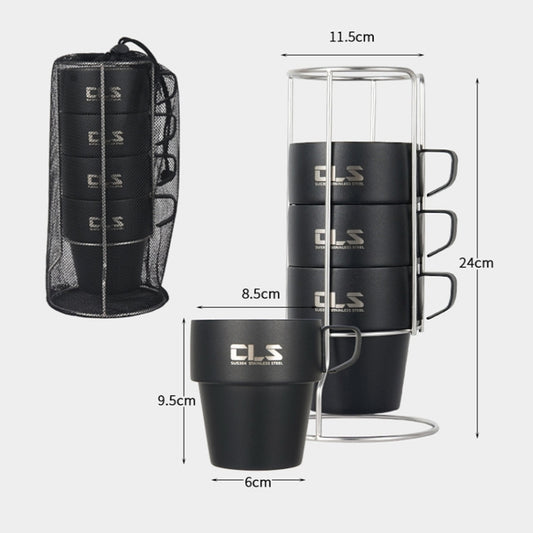 4 black stainless camping cups with handles and storage mesh bag, shown with size lines