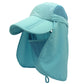 Light teal 360-degree sun hat with mesh side panel and face flap, wide visor, drawstring