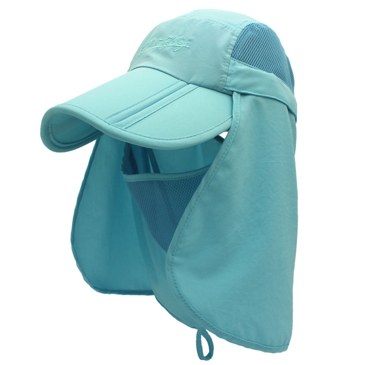 Light teal 360-degree sun hat with mesh side panel and face flap, wide visor, drawstring