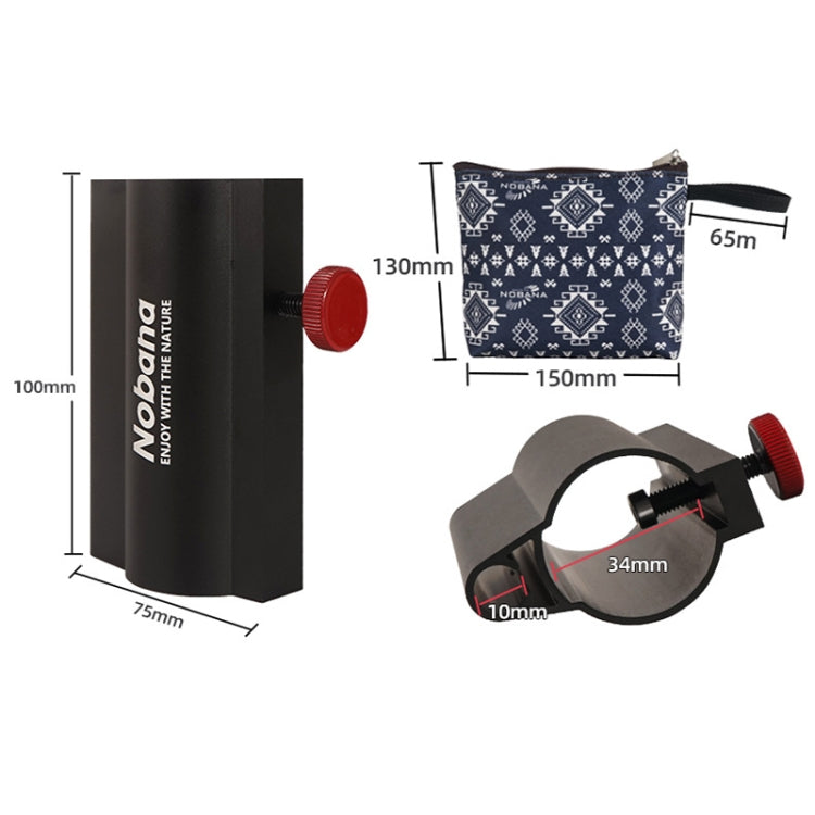 Black canopy pole holder dimensions view with red knob and clamp component