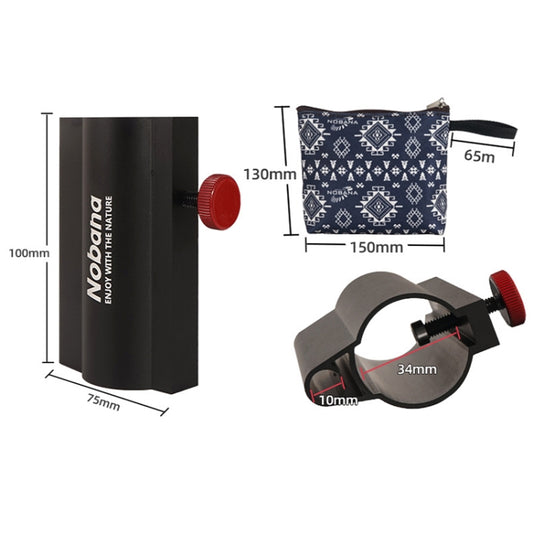 Black canopy pole holder dimensions view with red knob and clamp component