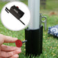 Black canopy pole holder on grass with hands adjusting red knob on threaded rod