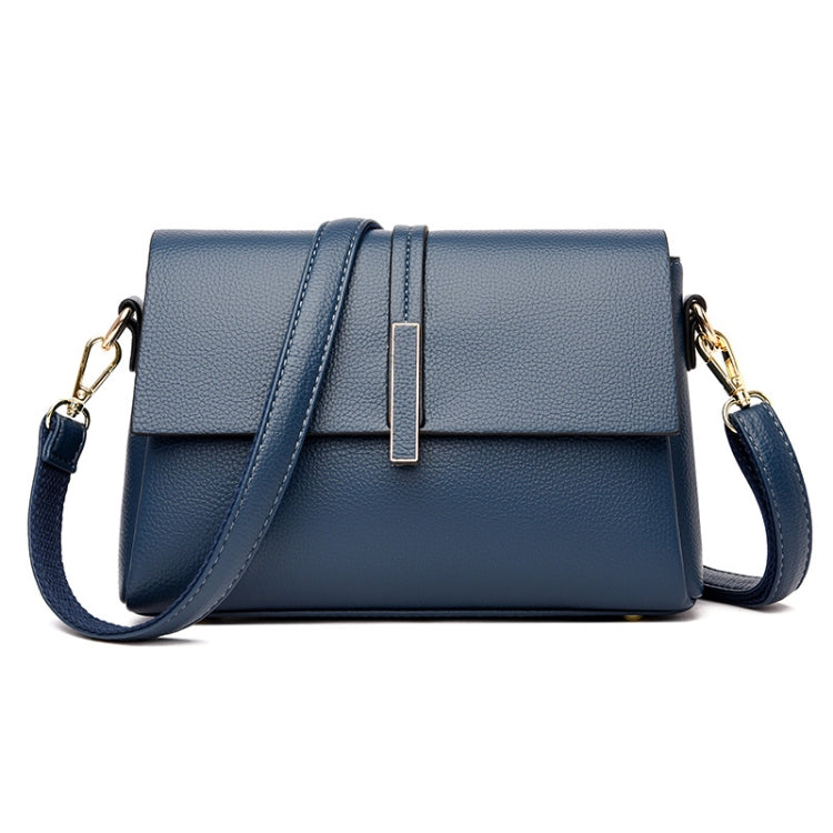 Blue small square single-shoulder messenger bag with front flap and magnetic closure