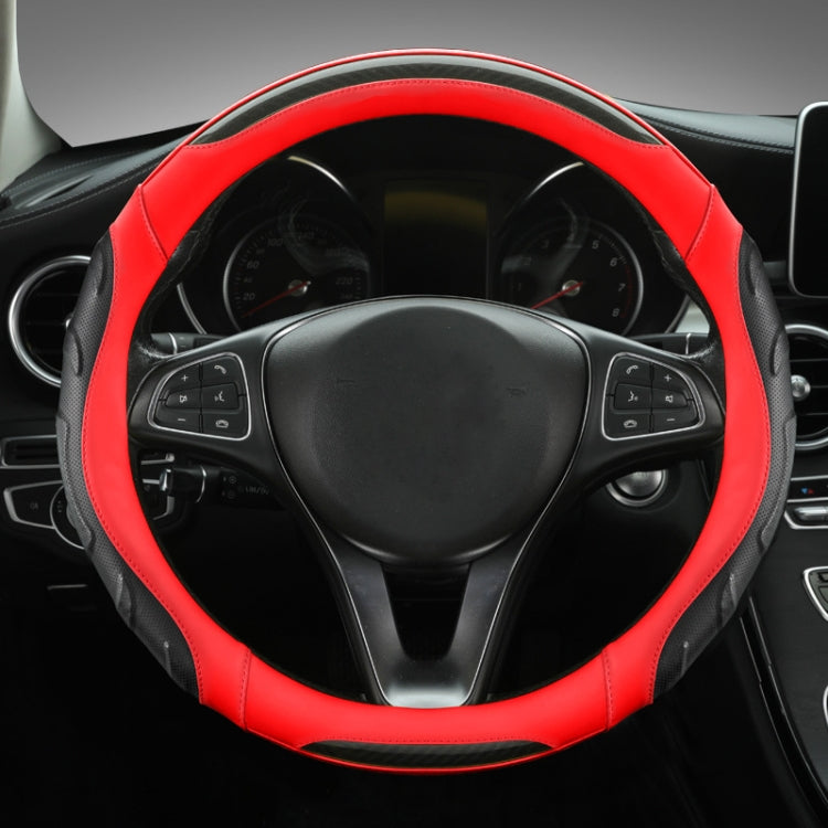 Leather steering wheel cover, black with red outer trim and contrast stitching, 38 cm