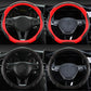 Leather steering wheel cover set, black with red outer trim; round and D-shape views