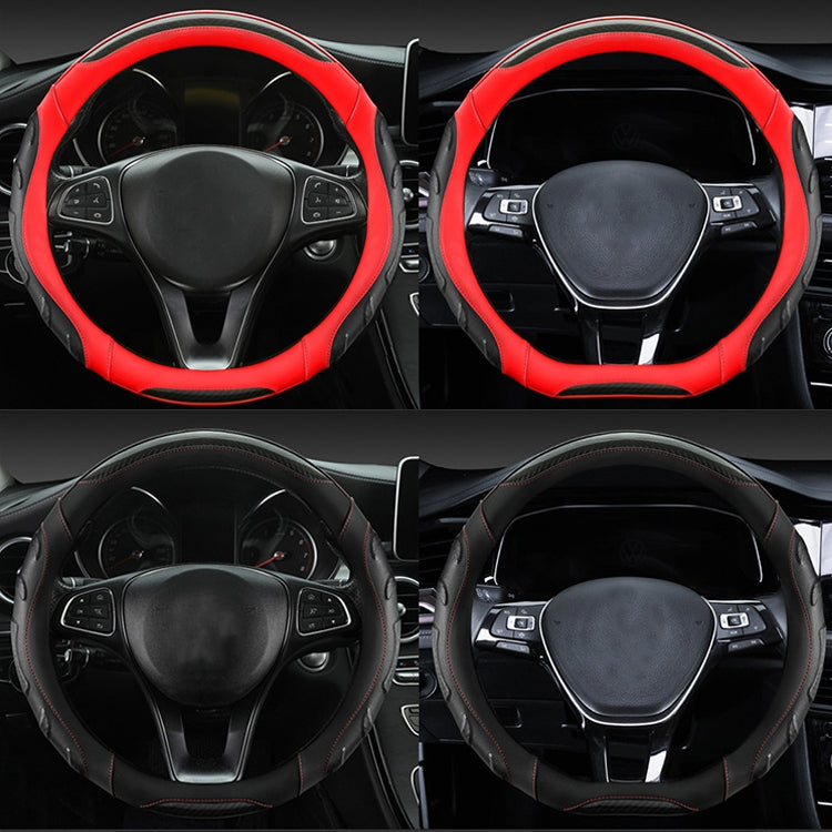 Leather steering wheel cover set, black with red outer trim; round and D-shape views