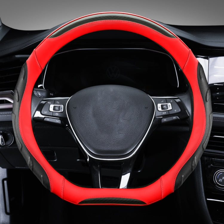 Leather steering wheel cover, black with red outer trim and contrast stitching on wheel rim