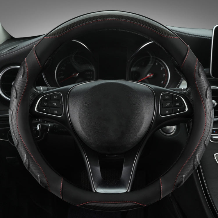 Leather steering wheel cover, black with red contrast stitching on the rim and seams