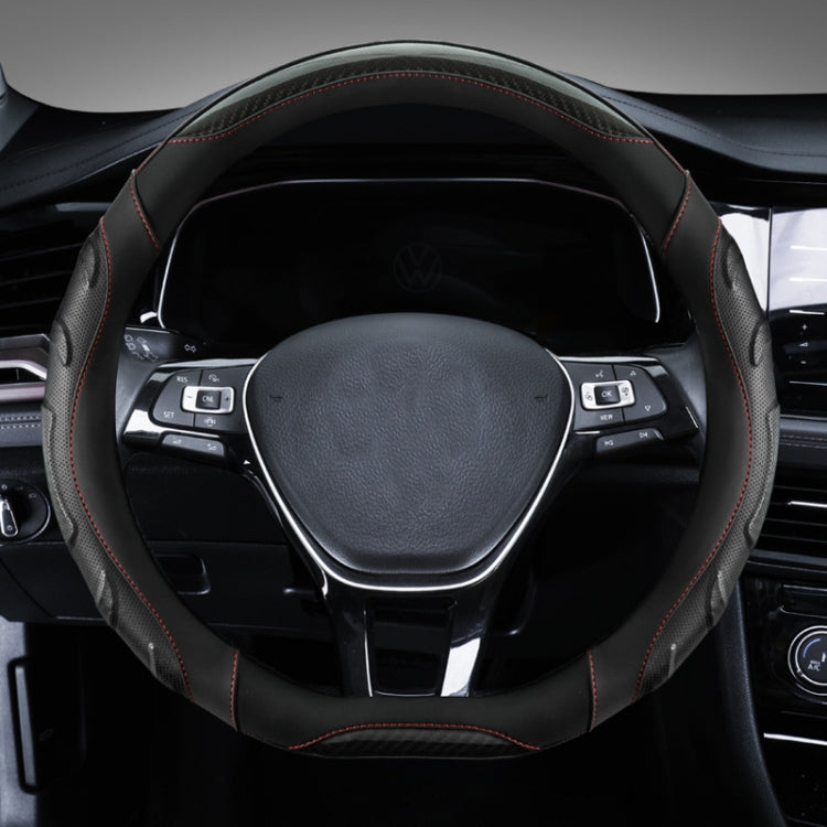 Leather steering wheel cover, black with red contrast stitching, full front view