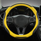 Leather steering wheel cover, black with yellow outer trim and contrast stitching, 38 cm