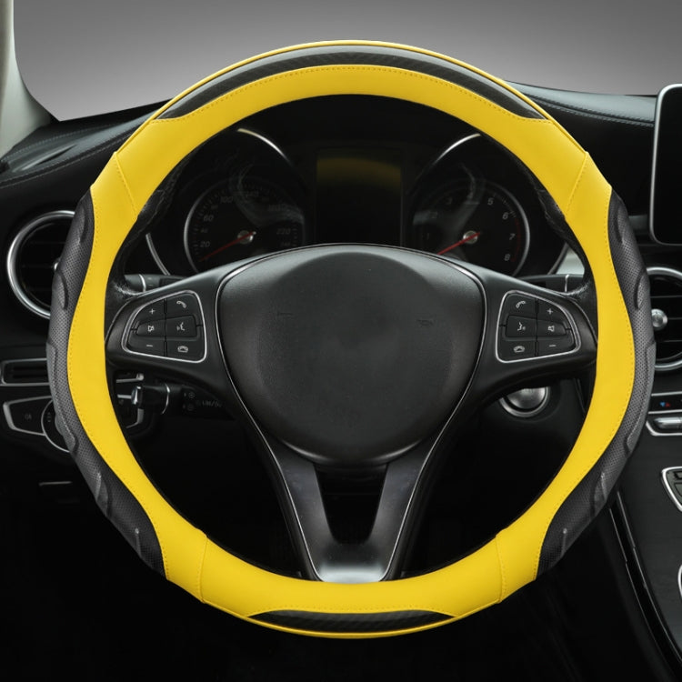 Leather steering wheel cover, black with yellow outer trim and contrast stitching, 38 cm