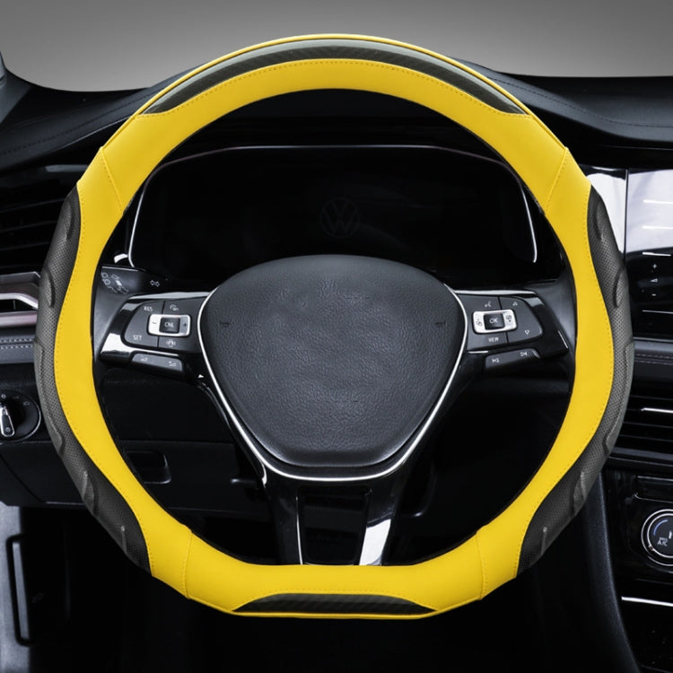 Leather steering wheel cover, black with yellow outer trim and contrast stitching, front view