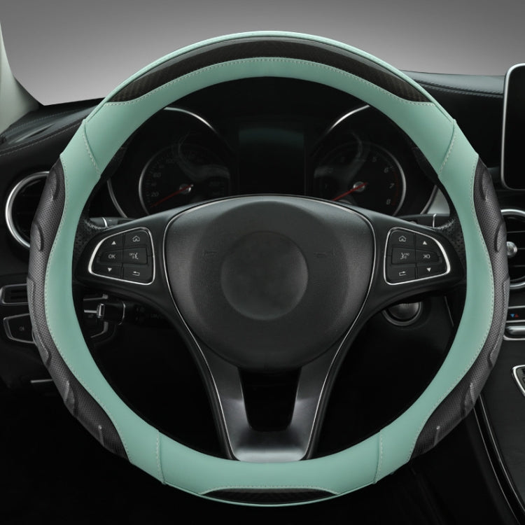Leather steering wheel cover, black with teal outer trim and contrast stitching, 38 cm