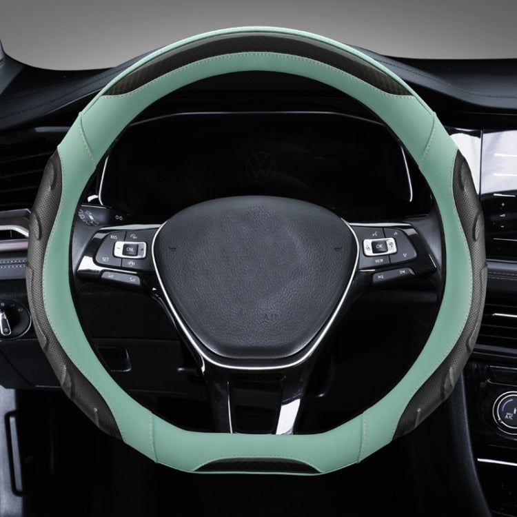 Leather steering wheel cover, black with teal outer trim and contrast stitching, front view