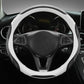 Leather steering wheel cover, black with white outer trim and contrast stitching, 38 cm