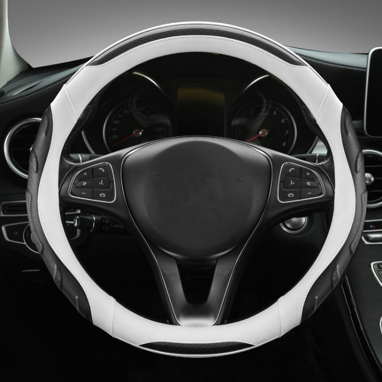 Leather steering wheel cover, black with white outer trim and contrast stitching, 38 cm