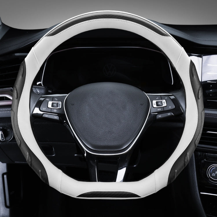 Leather steering wheel cover with black center and white edge trim
