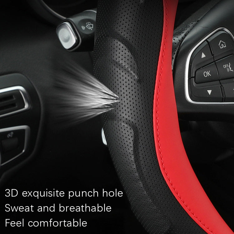 Black perforated leather steering wheel cover with red leather trim and stitched edge